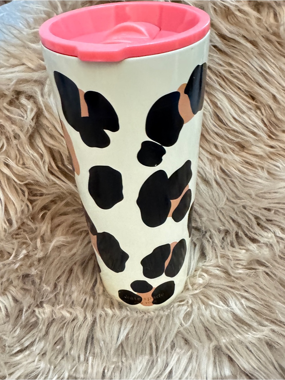 Kate Spade EUC Forest Feline 24 oz Tumbler Pink Lid, Coffee Travel Mug Leopard